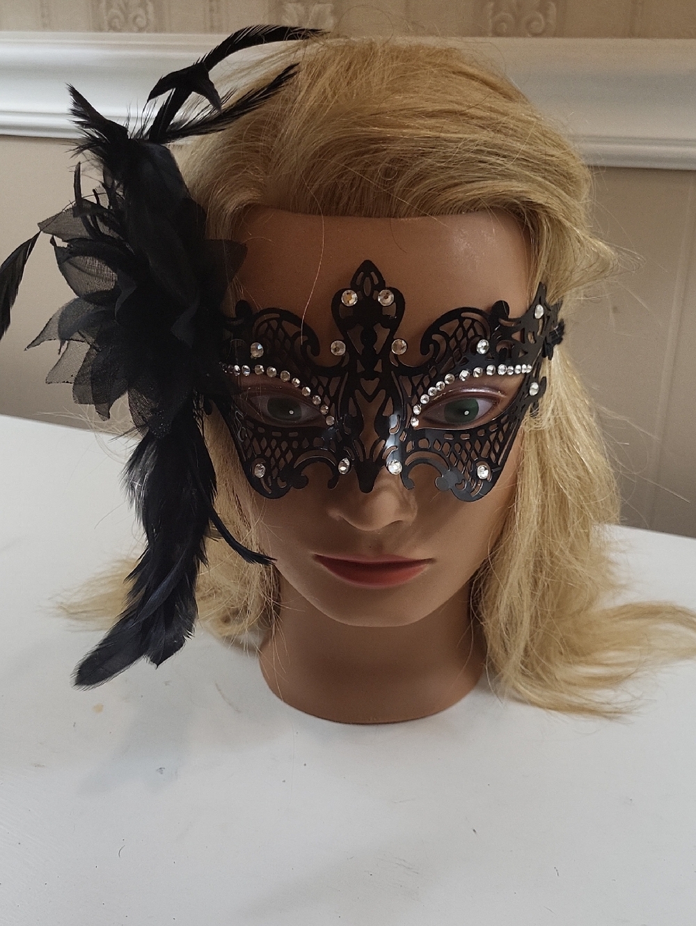 Midnight Black Rhinestone Feather Masquerade Mask